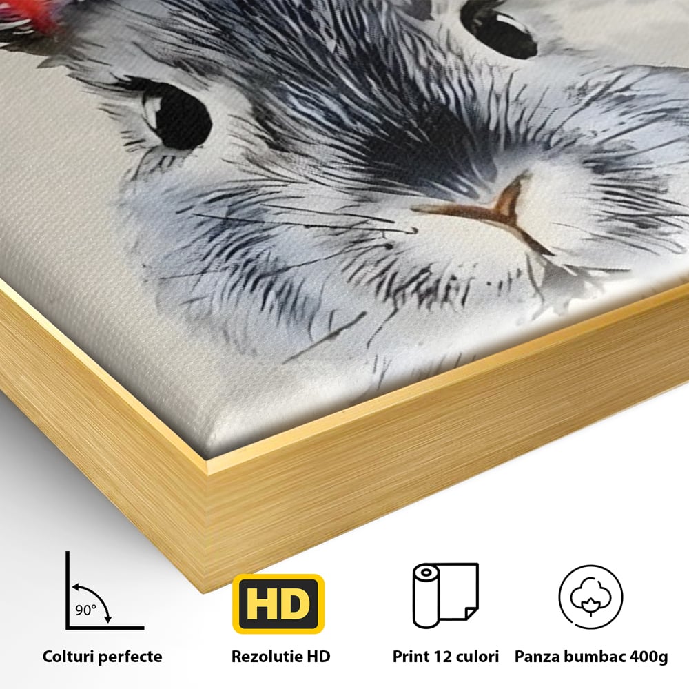 Detaliu al suprafetei: tablou canvas cu iepure gri, in rama de aluminiu auriu